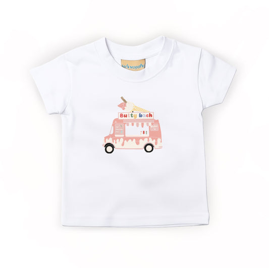 100% cotton kids t-shirt in white with pink checkerboard design, 90’s nostalgia colourful “99” ice cream van , short sleeve, soft and breathable fabric, machine washable, ideal for Toddler and kids everyday play