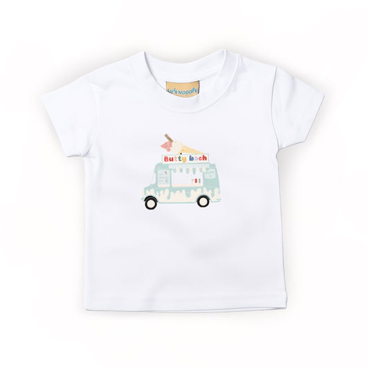 100% cotton kids t-shirt in white with mint green checkerboard design, 90’s nostalgia colourful “99” ice cream Welsh - Cymraeg design , short sleeve, soft and breathable fabric, machine washable, ideal for Toddler and kids everyday play
