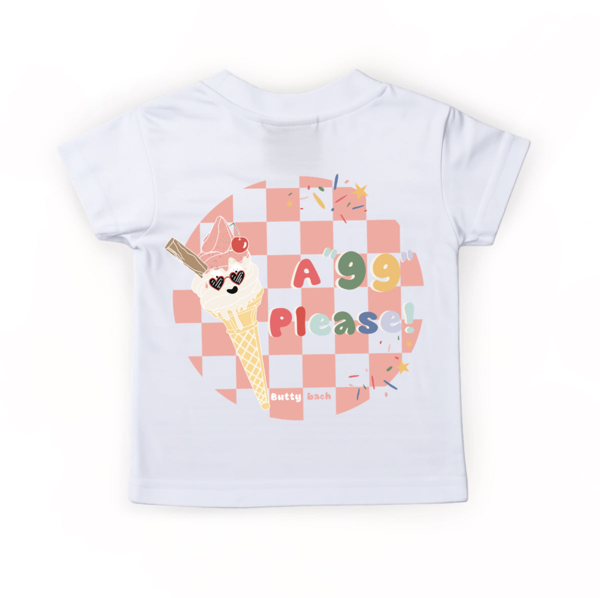 100% cotton kids t-shirt in white with pink checkerboard design, 90’s nostalgia colourful “99”  ice cream , short sleeve, soft and breathable fabric, machine washable, ideal for Toddler and kids everyday play