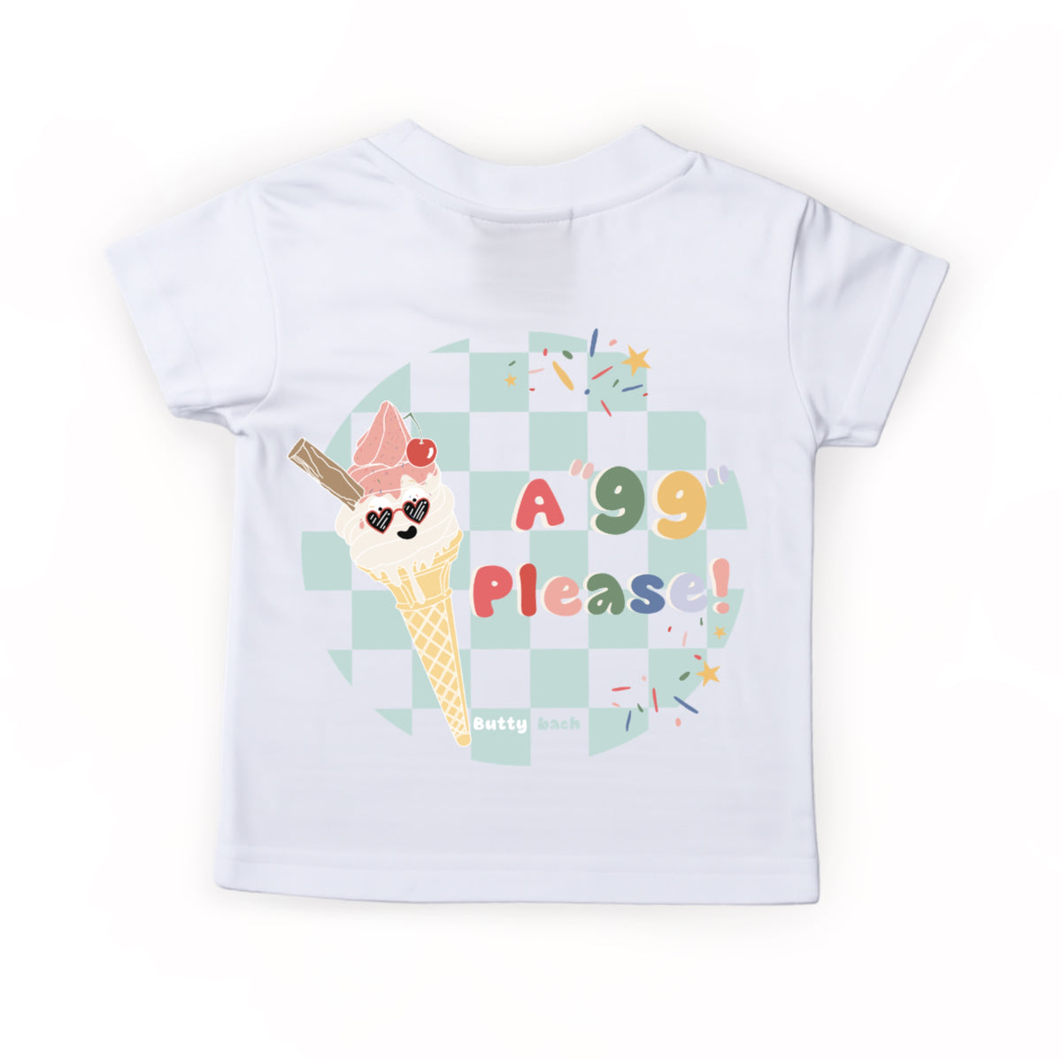 100% cotton kids t-shirt in white with mint green checkerboard design, 90’s nostalgia colourful “99”  ice cream , short sleeve, soft and breathable fabric, machine washable, ideal for Toddler and kids everyday play