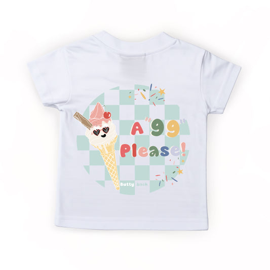 100% cotton kids t-shirt in white with mint green checkerboard design, 90’s nostalgia colourful “99”  ice cream , short sleeve, soft and breathable fabric, machine washable, ideal for Toddler and kids everyday play