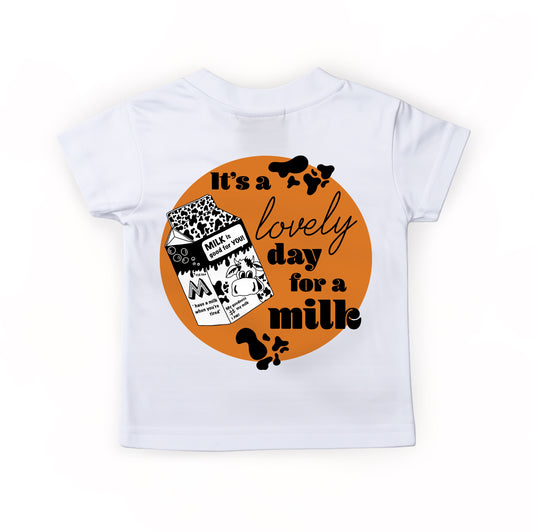 Orange ‘It’s a lovely day for a milk’ Kids T-shirt