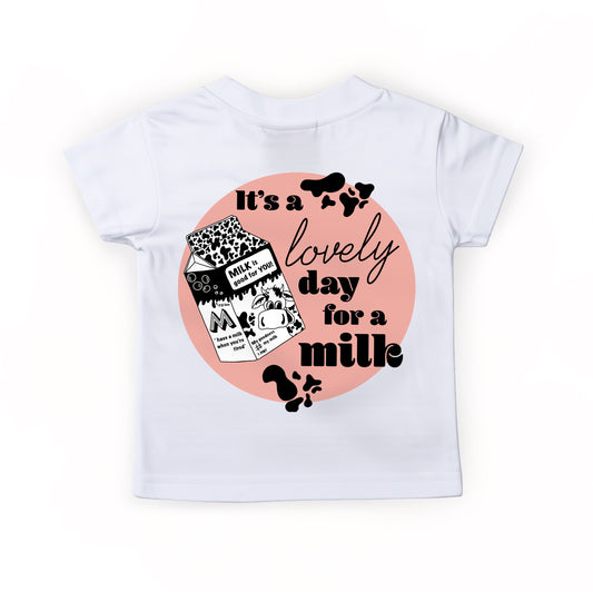 Pink ‘It’s a lovely day for a milk’ Kids T-shirt