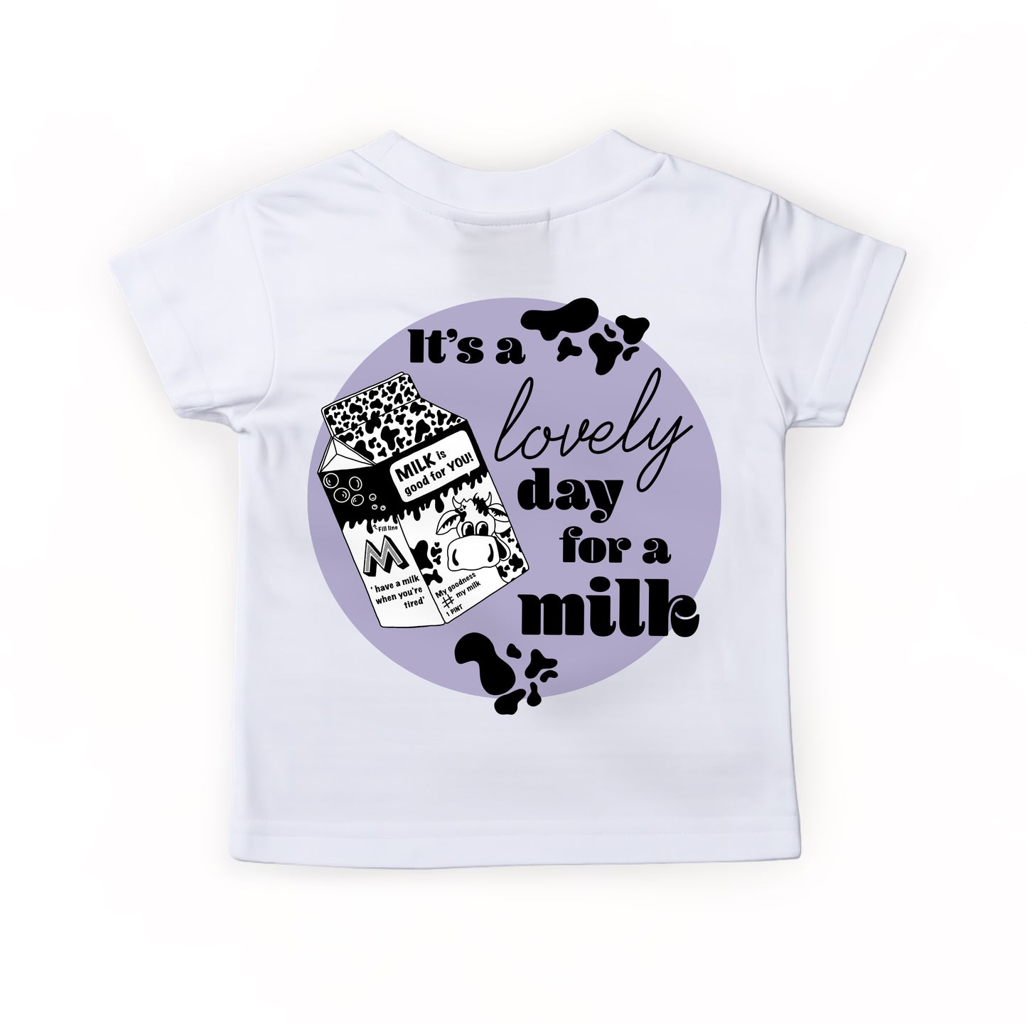 Lilac ‘It’s a lovely day for a milk’ Kids T-shirt