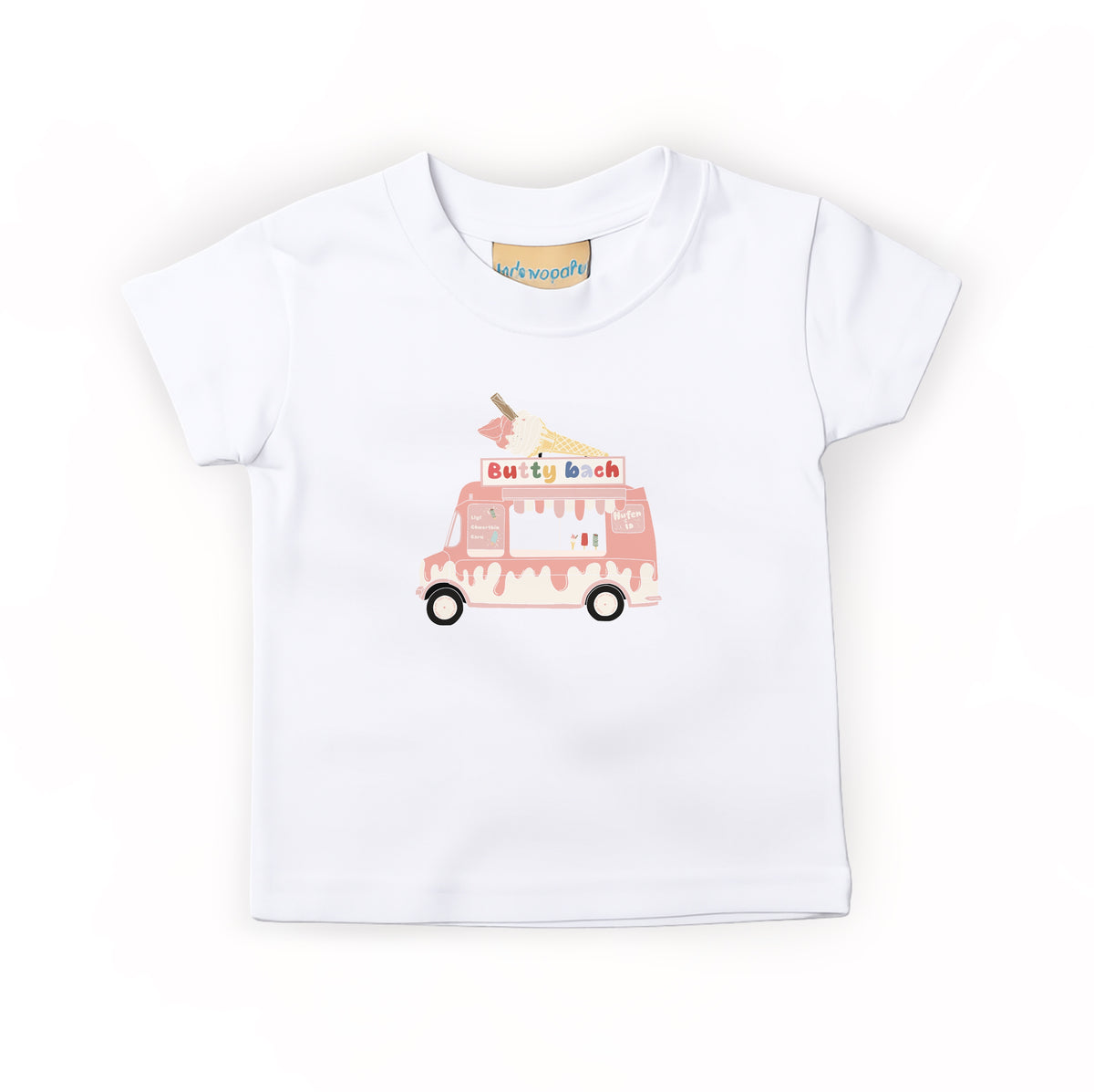 100% cotton kids t-shirt in white with pink checkerboard design, 90’s nostalgia colourful “99”  ice cream van , short sleeve, soft and breathable fabric, machine washable, ideal for Toddler and kids everyday play
