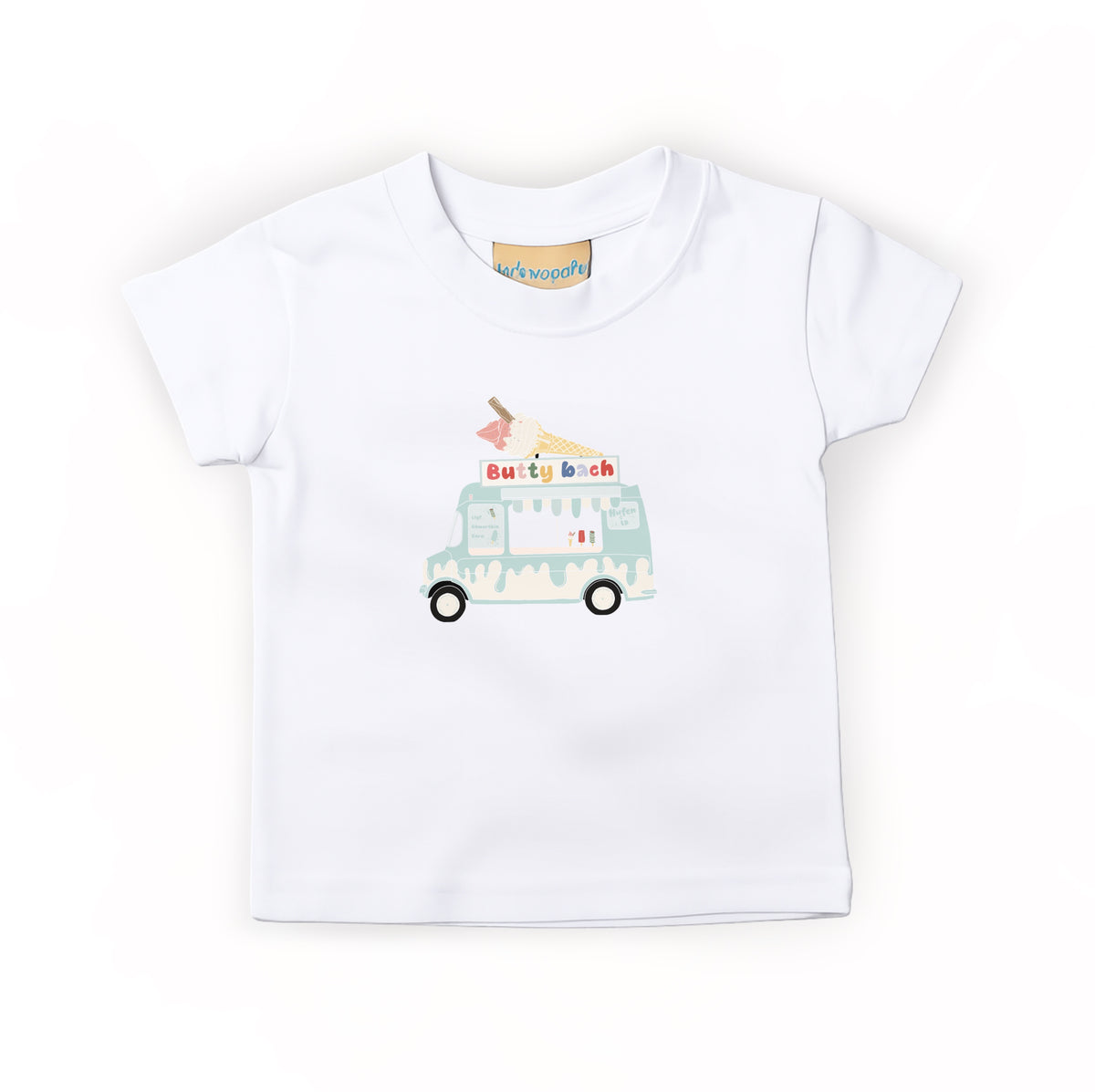 100% cotton kids t-shirt in white with mint green checkerboard design, 90’s nostalgia colourful “99”  ice cream Welsh - Cymraeg design , short sleeve, soft and breathable fabric, machine washable, ideal for Toddler and kids everyday play